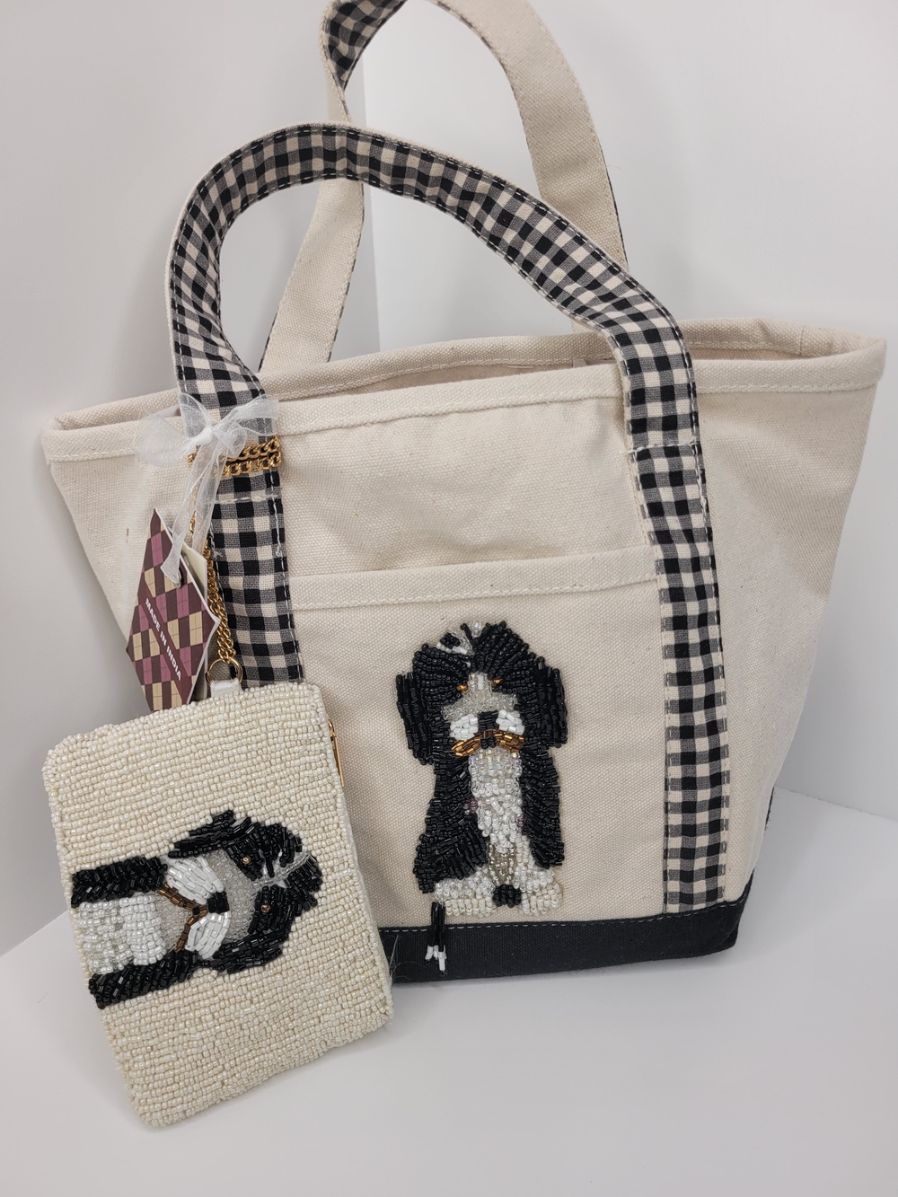 👉✨️ Made In India Canvas Tote Bag with Black & Cream Beaded Dog gingham